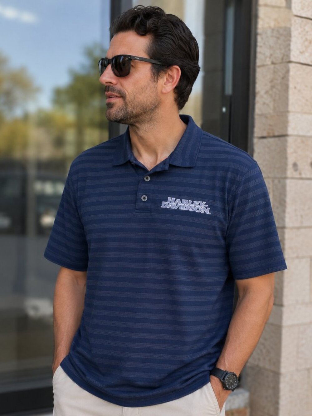 Harley Davidson Blue and Gray Stripes Emerald City Motorcycle Polo Shirt, MED